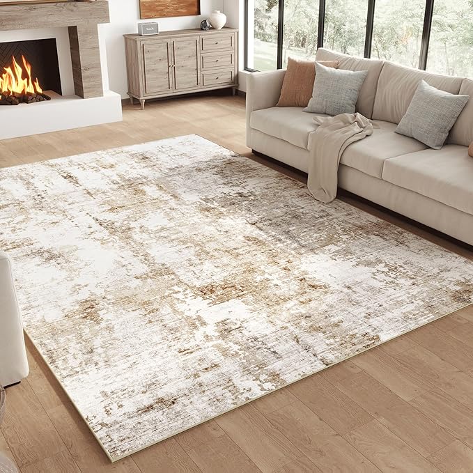 FMFUNCTEX 3x5 Washable Area Rug Abstract Modern Neutral Brown Grey Non Slip Soft Low Pile Thin Accent Entryway Entrance Indoor Carpet for Living Room Bedroom Dining Office Nursery Bedside, Grey Gold