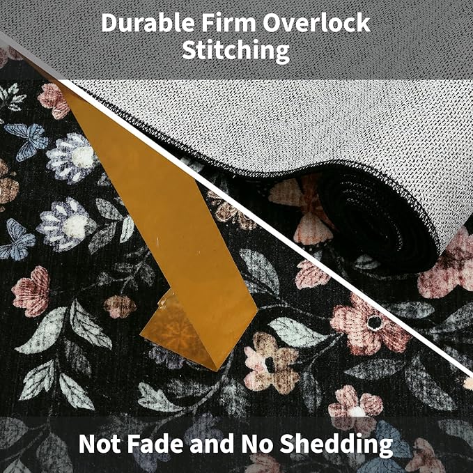 GarveeHome 2x3 Floral Rugs for Entryway, Non-Slip Soft Vintage Throw Door Mat, Low Pile Foldable Farmhouse Carpet, Non-Shedding Indoor Washable Small Rug for Bedroom Kitchen, Black