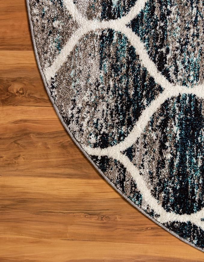 Rugs.com Lattice Frieze Collection Rug – 7' Round Blue Multi Medium Rug Perfect for Kitchens, Dining Rooms