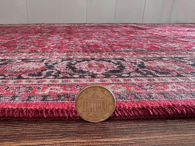 GLN Rugs Traditional Collection - Machine Washable Area Rug, Traditional Washable, Non Slip, Low Pile Chenille Rug, Living Room, Bedroom, Kitchen Rug (2'6" x 7' Dark Red)