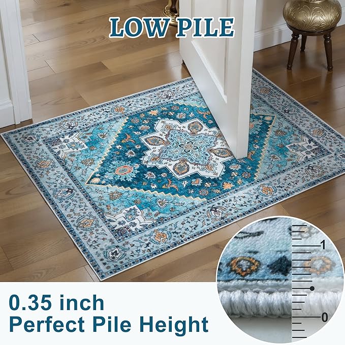 Tangsoo Blue 3x5 Washable Rug, Vintage Indoor Area Rugs, Boho Non Slip Accent Rug Carpet, Soft Low Pile Rugs for Living Room Dorm Bedroom Bedside Entryway Bathroom Home Decor