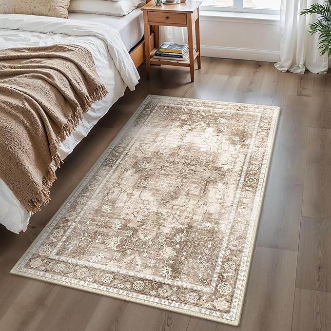 3x5 Area Rugs for Living Room, Machine Washable Non Slip Vintage Rugs, Low Pile Lightweight Print Rug for Bedroom, Dining Room, Home Office, Latte Beige