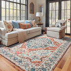 YJ.GWL Area Rugs for Living Room 5x7 Machine Washable Rugs, Non Slip Floral Vintage Rug Indoor Carpet, Stain Resistant Large Rug for Bedroom Dining Room, Copper Tan