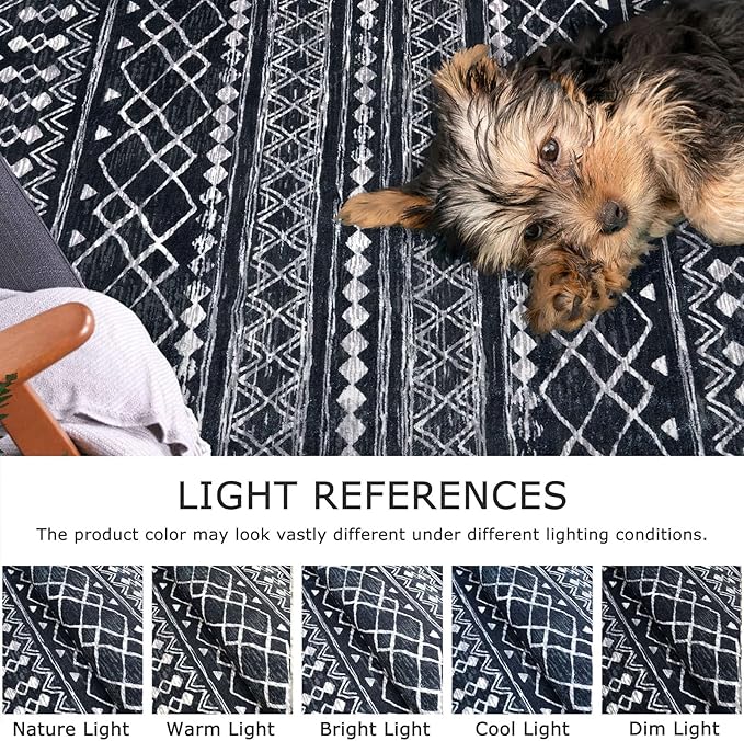 KUTA Bedroom Boho Rug 4x6 Black, Moroccan Washable Area Rugs Non Slip, Ultra Soft Print Distressed Geometric Low-Pile Entry Throw Carpet for Bedroom Nursery Dorm Kitchen Decor