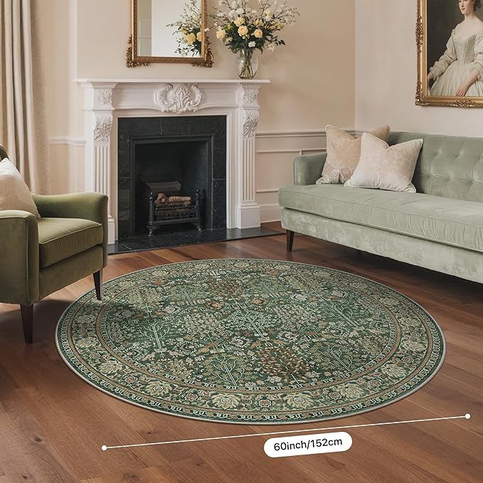 Bavni Round Rug 5ft-Machine Washable Area Rugs Non-Slip for Bedroom, 5x5 Vintage Floral Rug Distressed Throw Carpet for Living Room Nursery Kitchen Bathroom, Forest Green