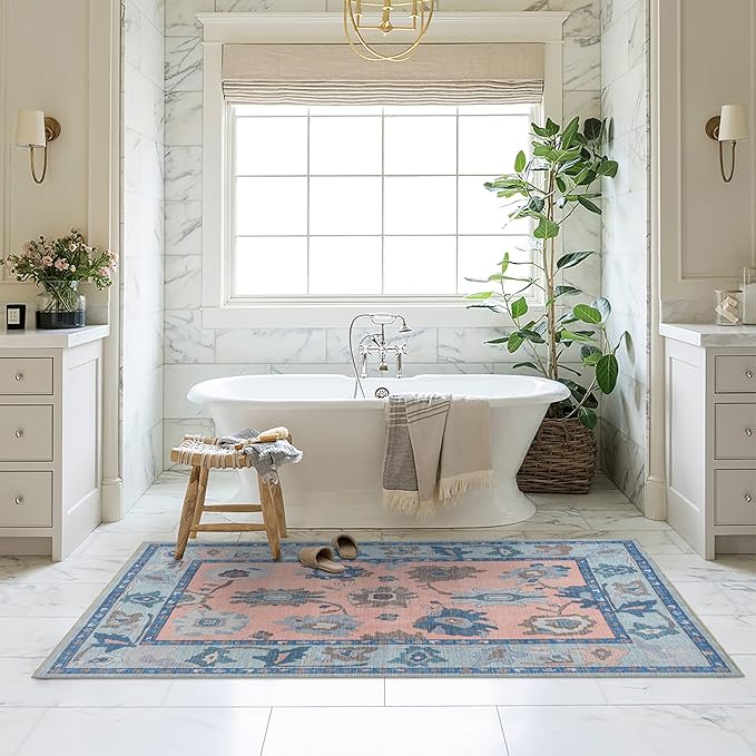 Fame Living Modern Oushak Rug, Vintage, Turkish, Eclectic, Floral, Pastel, Washable, Extra Large Area Rugs for Living Room, Dining, Bedroom, Lounge, 9'x12'
