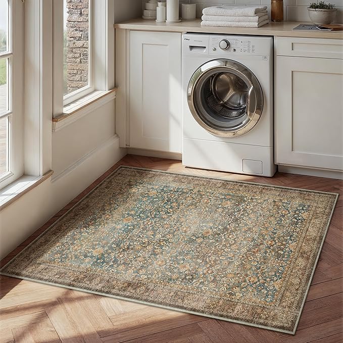 Entryway Area Rug 2x3 Washable Vintage Carpet Non Slip Indoor Kitchen Door Mat Retro Traditional Entrance Accent Throw Small Rug Brick Red for Bathroom Office Bedroom Dining Living Room