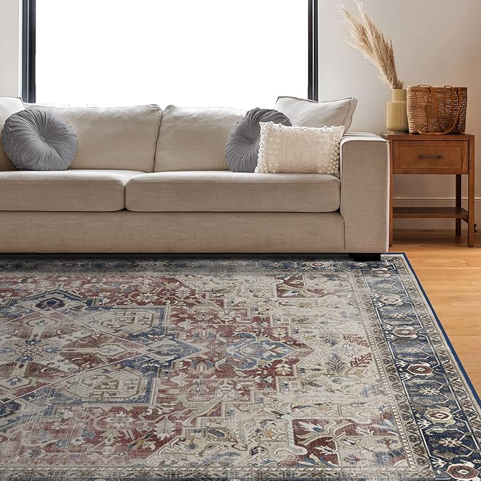 RUGGABLE Washable Area Rug – Kamran Royal Blue 10x14, Stain-Resistant, Non-Slip – Large Machine Washable Rugs for Living Room, Bedroom, Hallway, Entryway & Office–with Cushioned Pad