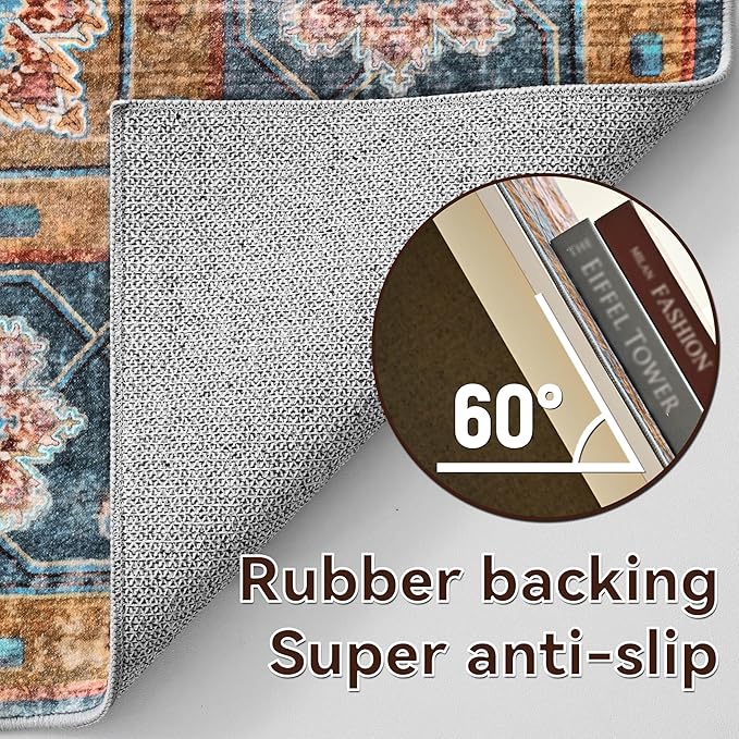YJ.GWL Area Rugs for Living Room 6x9 Machine Washable Rugs, Non Slip Floral Vintage Rug Indoor Carpet, Stain Resistant Large Rug for Bedroom Dining Room, Brown Blue