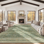 HelloTree Washable Rugs 9x12 Area Rug for Living Room, Vintage Boho Green Rug Non Slip Carpet Retro Accent Indoor Mat Print Distressed Low Pile Throw Large Rug for Office Dining Room Bedside-Green