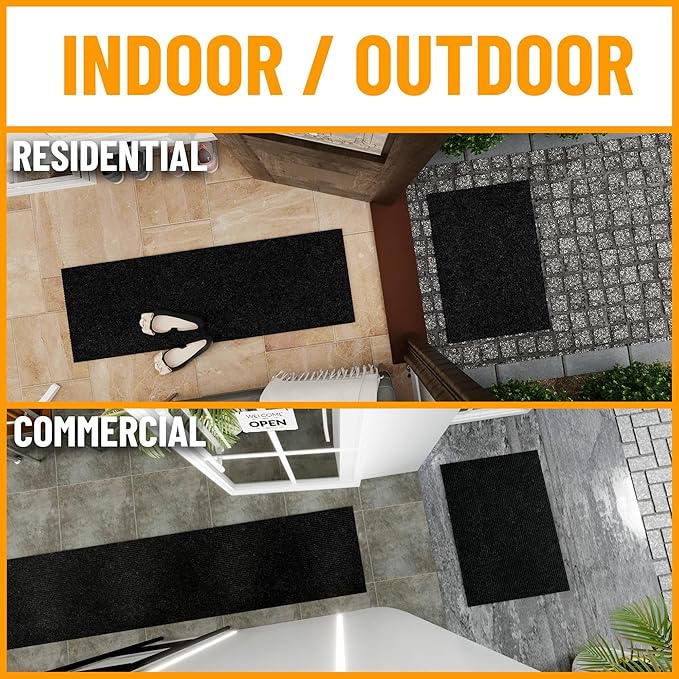 Ottomanson 2' x 26' Hallway Runner with Scraper Pile Extra Durable Non-Slip Rug Mat for Indoor & Outdoor Use - Ideal for Kitchen, Entryway, Patio & Garage - High-Traffic Carpet, Black