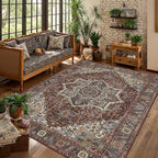 Kokia 8x10 Maroon Area Rugs with Vintage Orient Design, Soft Washable Rug for Living Room or Bedroom, Non-Slip Low Pile Stain Resistance Features, Medallion Pattern