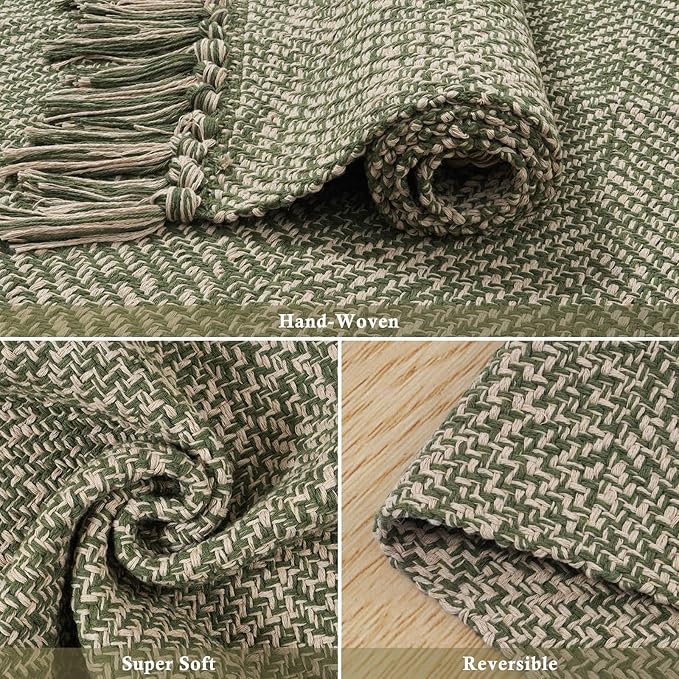 Collive Long Carpet Runners for Hallway 2.6x8ft, Washable Cotton Woven Kitchen Runner Rugs Low-Profile Entryway Rug, Natural/Green Modern Front Door Floor Carpet for Laundry Room Bedroom Doorway