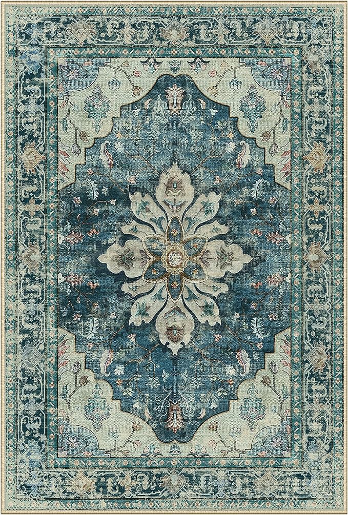 Area Rugs Square 6ft Washable Non-Slip, Floral Vintage Distress Print Pattern Medallion Carpet for Living Room Bedroom Dining Room, Dark Blue Vintage
