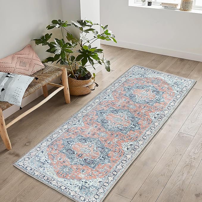 Bloom Rugs Washable Non-Slip 12 ft Runner - Coral/Blue Traditional Medallion Runner for Entryway, Hallway, Bathroom, and Kitchen - Exact Size: 2.5' x 12'