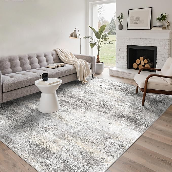 8x10 Area Rugs Washable Grey Rug for Living Room Bedroom, Modern Abstract Large Rug Non Slip, Water Repellent Low Pile Soft Carpet for Dining Room, Home Office, Grey Beige