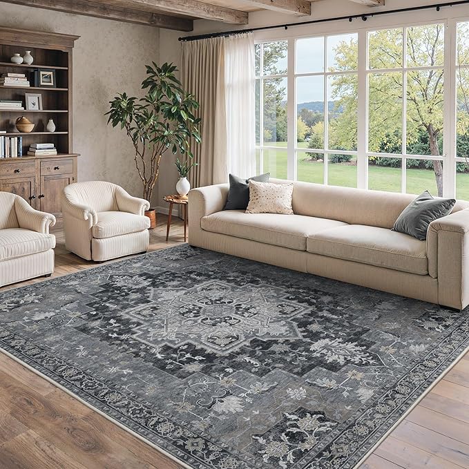 8x10 Area Rugs for Living Room, Machine Washable Non Slip Vintage Rugs, Low Pile Lightweigt Print Indoor Rug for Bedroom, Dining Room, Home Office, Dark Gray