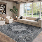 8x10 Area Rugs for Living Room, Machine Washable Non Slip Vintage Rugs, Low Pile Lightweigt Print Indoor Rug for Bedroom, Dining Room, Home Office, Dark Gray