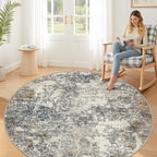 8ft Washable Round Rug - 8x8 Area Rugs Modern Abstract Rugs for Living Room Non-Slip Low Pile Soft Machine Washable Carpet for Bedroom, Living Room, Dining Room, Nursery, Farmhouse (8'x8' Tan Blue)