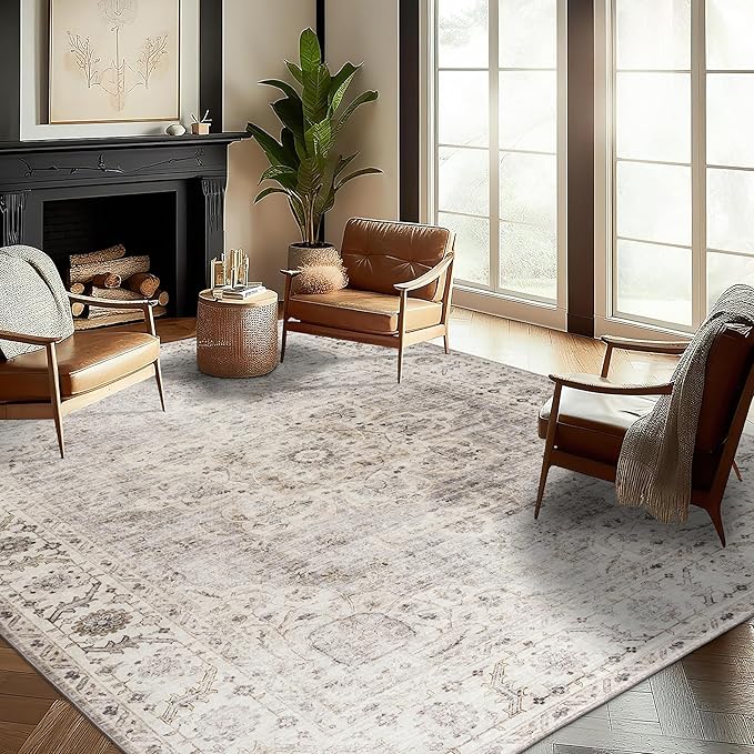 ReaLife Rugs Machine Washable Area Rug - Living Room Bedroom Bathroom Kitchen Entryway Office - Padded Low Pile Stain Resistant Premium - Boho Farmhouse Vintage - Joy - Beige Ivory 7'6" x 9'6"
