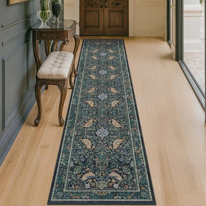 Washable 2x10 Extra Long Runner Rugs for Hallyway - Blue and Green Low Plie Indoor Rugs for Entryway, Floral Non Skid Waterproof Kitchen Floor Mats, Nature Leaf & Bird Décor