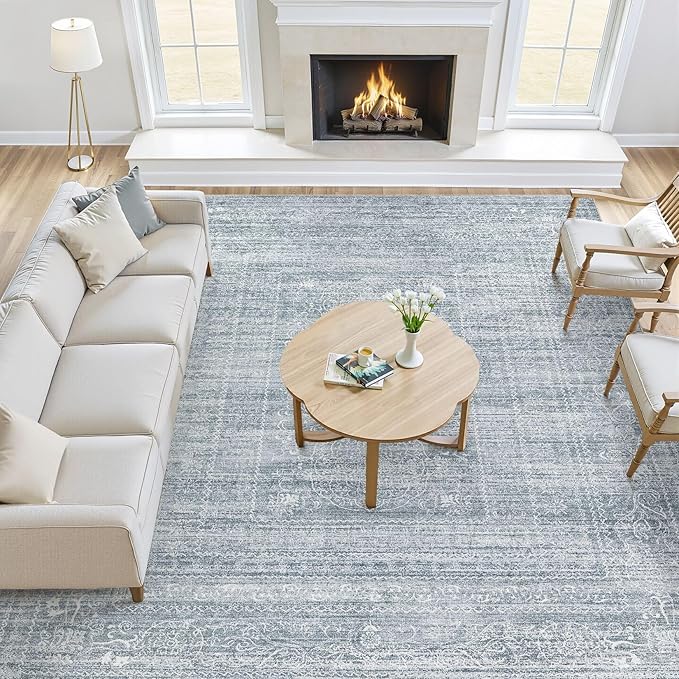 10x12 Area Rug Living Room: Washable Large Vintage Blue Rug Neutral Non-Slip Soft Stain Resistant Indoor Carpet for Bedroom Nursery Dining Room Under Table Bed Home House Office Playroom