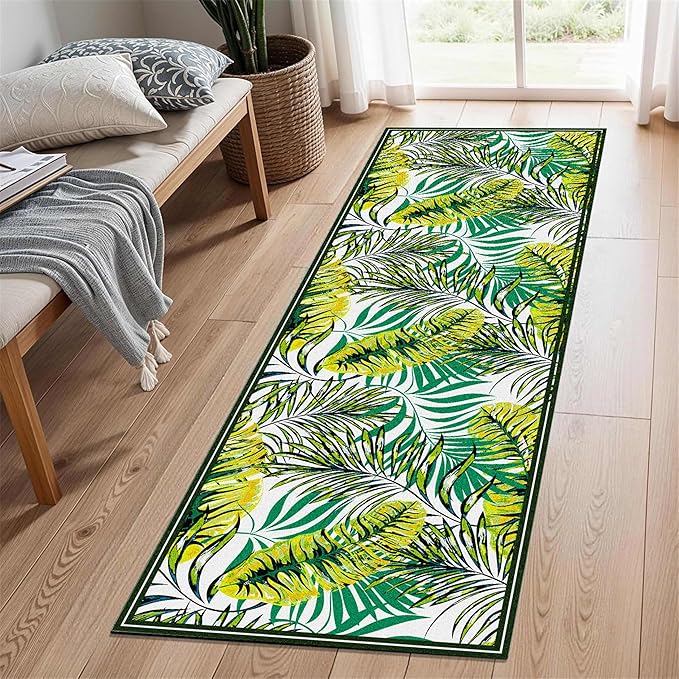 Green Botanical Tropical Leaves Rug 4x12ft - Non-Slip Washable Runner, Soft Durable Floor Mat for Hallway, Kitchen, Bedside, Entryway Home Decor