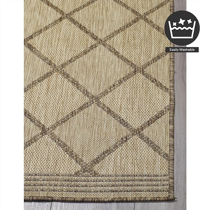 FH Home Flat Woven Outdoor Rug - Waterproof, Easy to Clean, Stain Resistant - Premium Polypropylene Yarn - Moroccan Geometric Lattice - Patio, Porch, Deck, Balcony - Tunis - Sand - 5ft 4in x 7ft 6in
