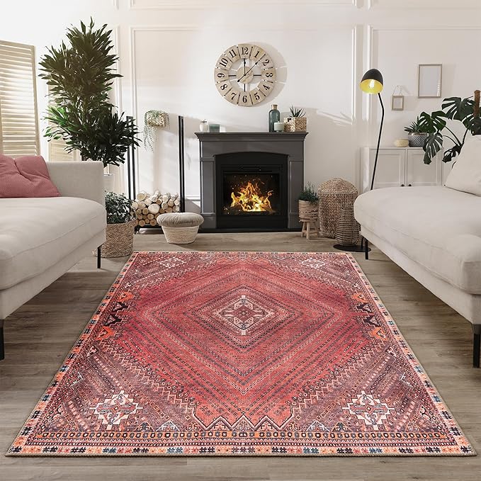 Bloom Rugs Washable Non-Slip 4' x 6' Rug - Red/Multicolor Traditional Bordered Area Rug for Living Room, Bedroom, Dining Room, and Kitchen - Exact Size: 4' x 6'