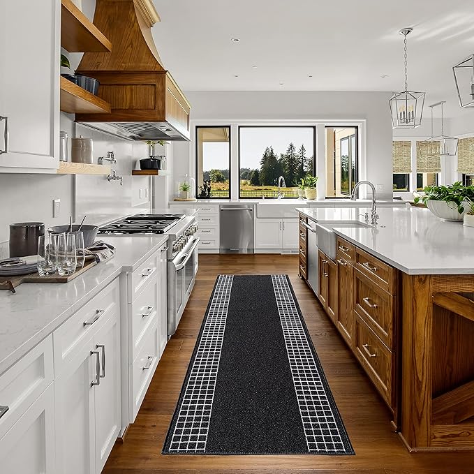 Custom Made Runner Rug for Kitchen Foyer Hallway Entry Choose Your Length 31 Inch Wide Geometric Checkered Design Black Color (10 feet x 31 Inch)