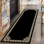 Greek Key Runner Rug for Entryway, 3.3x7ft, Black Gold Geometric Border Area Rugs for Bedroom, Meander Pattern Fade Resistant Home Decor Carpet, Soft Reduce Noise Entry Mat for Kitchen