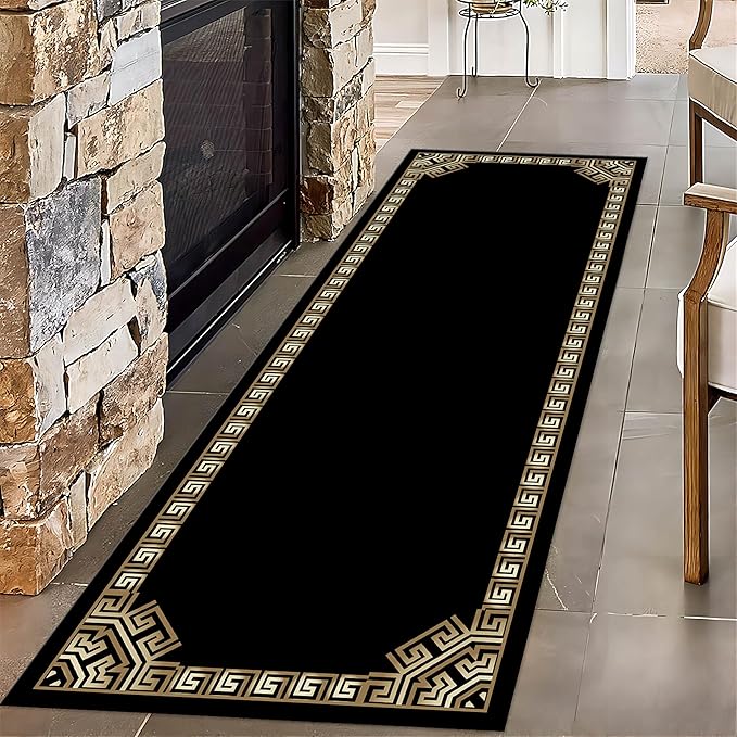 Greek Key Runner Rug for Entryway, 4x12ft, Black Gold Geometric Border Area Rugs for Bedroom, Meander Pattern Fade Resistant Home Decor Carpet, Soft Reduce Noise Entry Mat for Kitchen