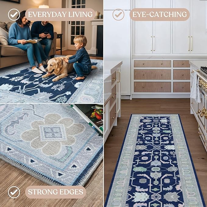 Fame Living Navy Blue Oushak Rug, Modern, Vintage, Turkish, Eclectic, Floral, Pastel, Washable, Area Rugs for Living Room, Dining, Bedroom, Office, Entryway, Foyer, Playroom, Nursery, 5'x6'9"