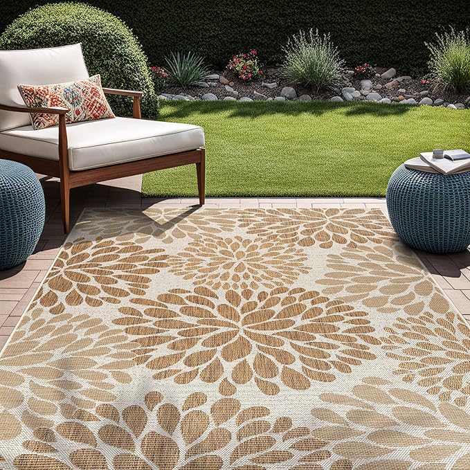 Beverly Rug Outdoor Rug 8x10 Modern Exotic Tropical Leaf Area Rugs for Indoor and Outdoor Patio Deck Porch Garden Water Resistant Washable Outside Carpet (8 x 10 Beige)
