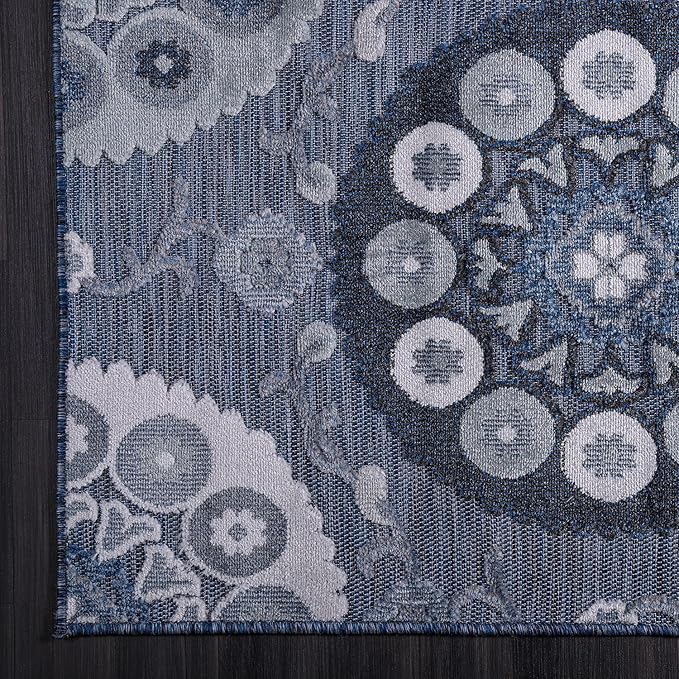 CAMILSON Indoor Outdoor Rug 5x7 Bohemian Medallion Floral Area Rugs for Indoor and Outdoor Patios Easy-Cleaning Non-Shedding Living Room Garden and Kitchen Washable Outside Carpet (5 x 7 / Navy)