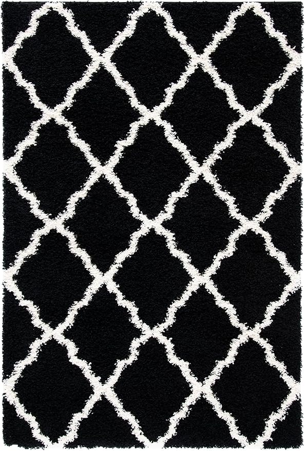 SAFAVIEH Dallas Shag Collection Accent Rug - 4' x 6', Black & Ivory, Trellis Design, Non-Shedding & Easy Care, 1.5-inch Thick Ideal for High Traffic Areas in Entryway, Living Room, Bedroom (SGD257Z)