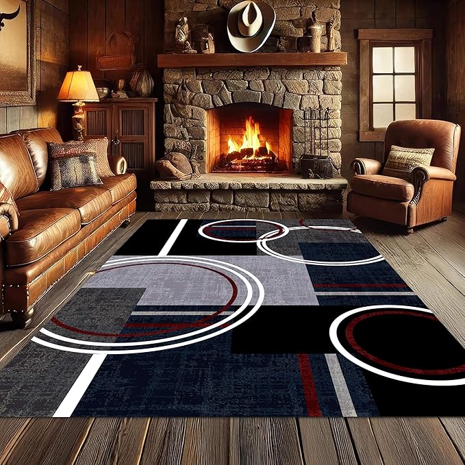 Area Rug 7x9 Modern Abstract Circle Rugs, Multicolor Low Pile Carpet, Machine Washable & Non-Slip Non-Shedding Stain Resistant for Bedroom, Living Room
