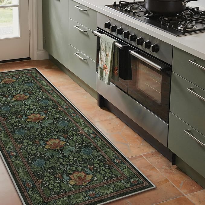 Bavni 2'6''x6 Runner Rug,Microfiber Washable Non-Slip Vintage Floral Rugs,Low Pile Lightweight Carpet for Bedroom,Hallway,Entryway,Kitchen,Bathroom, Dark Green