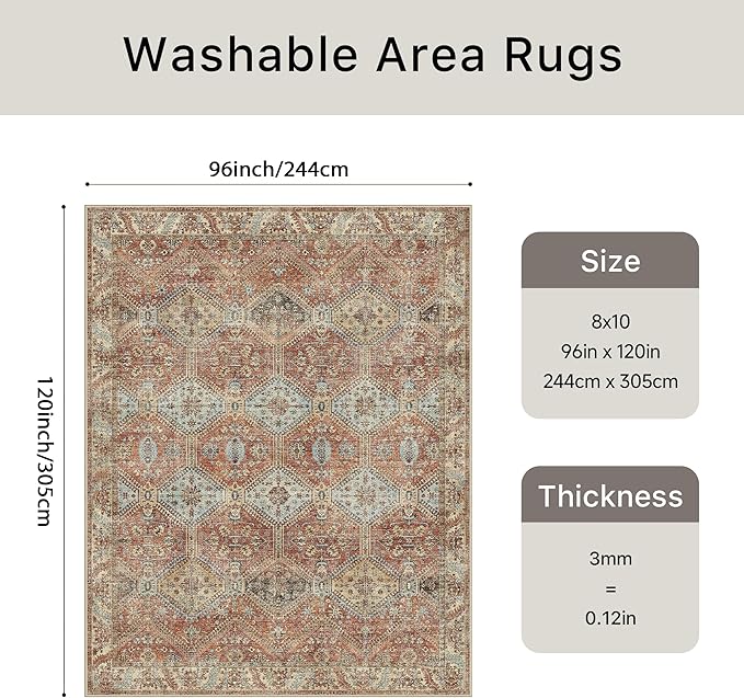 Bavni 8x10 Area Rugs for Living Room, Machine Washable Rug Non Slip, Vintage Chenille Distressed Print Carpet, Large Low Pile Ultra-Thin Lightweight Rugs for Bedroom, Dining Room, Office, Spice Sky