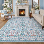 8x10 Area Rugs Living Room Rug - Floral Vintage Forest Washable Carpet, Low Pile Non-Slip Stain Resistance Boho Soft Large Carpet for Bedroom, Dining Room, Office, Farmhouse (8'x10' Blue/Pink)