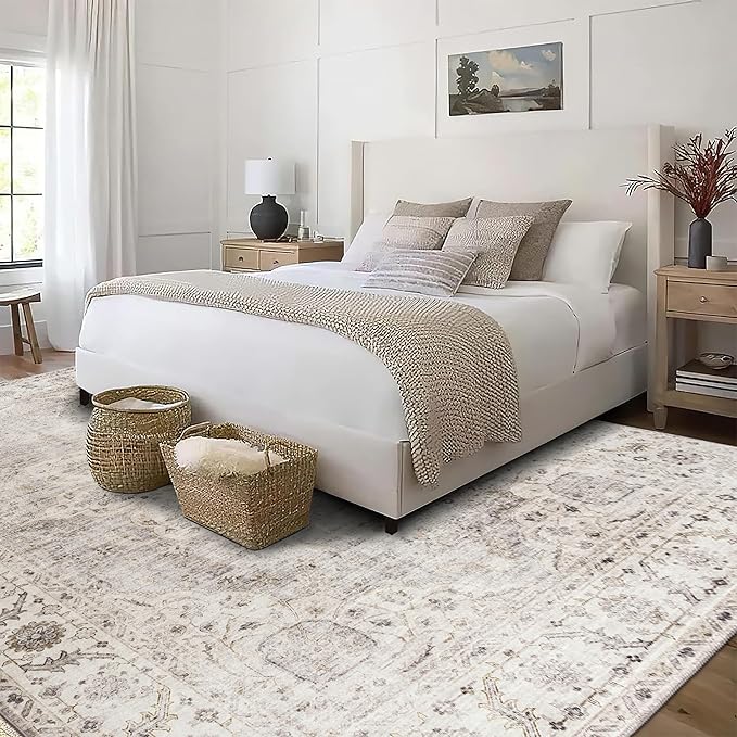 ReaLife Rugs Machine Washable Area Rug - Living Room Bedroom Bathroom Kitchen Entryway Office - Padded Low Pile Stain Resistant Premium - Boho Farmhouse Vintage - Joy - Beige Ivory 6' x 8'