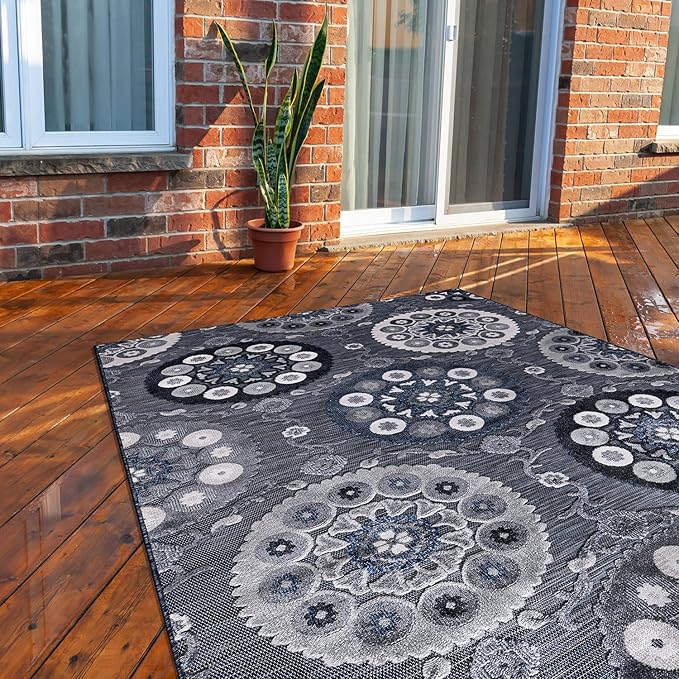 CAMILSON Indoor Outdoor Rug 5x7 Bohemian Medallion Floral Area Rugs for Indoor and Outdoor Patios Easy-Cleaning Non-Shedding Living Room Garden and Kitchen Washable Outside Carpet (5 x 7 / Navy)