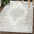 ReaLife Rugs Machine Washable Area Rug Runner - Living Room Bedroom Bathroom Kitchen Entryway Office - Padded Low Pile Stain Resistant Premium - Boho Farmhouse Vintage - Paige - Ivory 3' x 5'