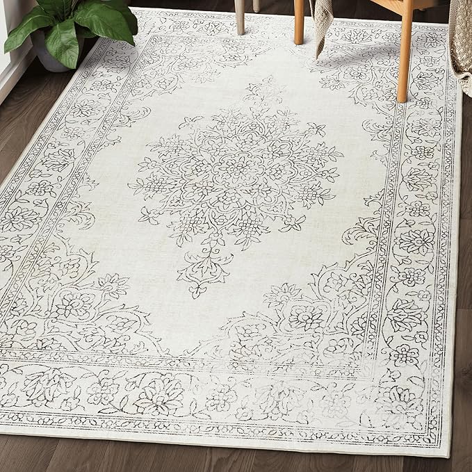 ReaLife Rugs Machine Washable Area Rug Runner - Living Room Bedroom Bathroom Kitchen Entryway Office - Padded Low Pile Stain Resistant Premium - Boho Farmhouse Vintage - Paige - Ivory 3' x 5'