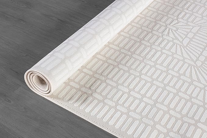 Beverly Rug Modern Geometric Area Rug 5x7 Low-High Pile Durable Soft Abstract Grid Indoor Rugs for Living Dining Room Office Stain Resistant Non Shedding Casual Indoor Carpet Beige White 5 x 7