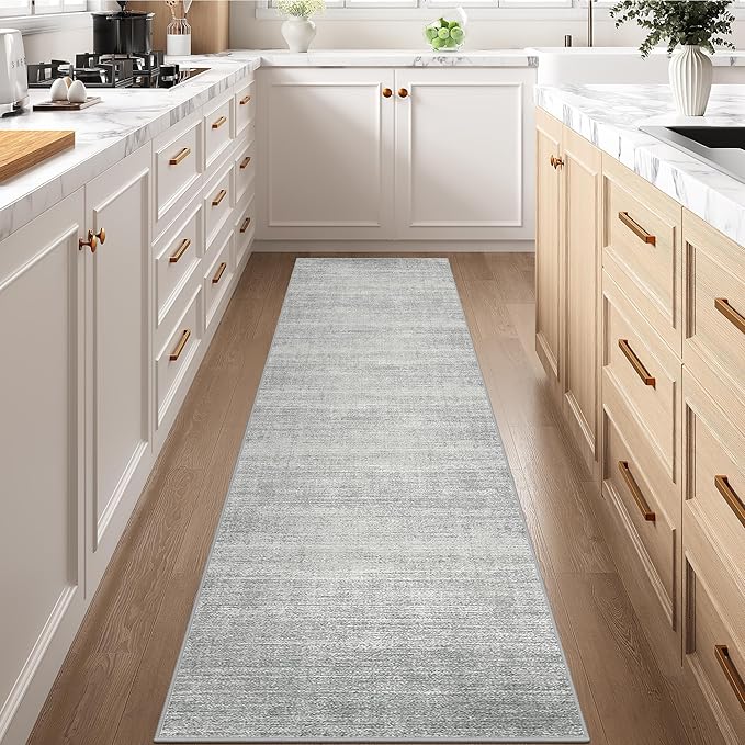 Art&Tuft Non-Slip Runner Rug - 2.5x8 Runner Rug Washable Low-Pile Rugs Runners, Soft Distressed Carpet Runner for Bedroom Bathroom Kitchen Laundry Living Room, Grey