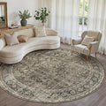 Brown Round Area Rug 8ft Washable 8x8 Circle Vintage Low Pile Indoor Large Kitchen Living Room Carpet Non Slip Traditional Distressed Retro Accent Throw Rug Office Dining Room