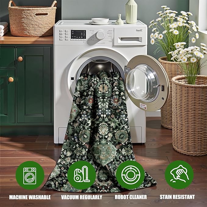 Dark Green Rug 4x6 Area Rug with Non-Slip Backing, Washable Rugs for Bedroom Living Room Kitchen, Distressed Carpet Printed Low-Pile Soft Dorm Rug Room Decor