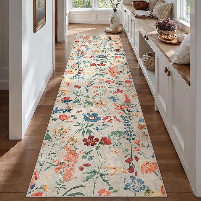 Floral Runner Rug 2x7 Washable Hallway Long Beige Bedroom Carpet Non Slip Indoor Boho Kitchen Low Pile Accent Rug Lightweight Soft for Bathroom Dining Laundry Living Room