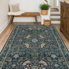 Vintage 4x6 Washable Entryway Rug, Blue & Green Floral Bird Woodland Rug, Non-Slip Low Pile Stain Resistant Carpet for Kitchen, Bedroom, Small Living Room